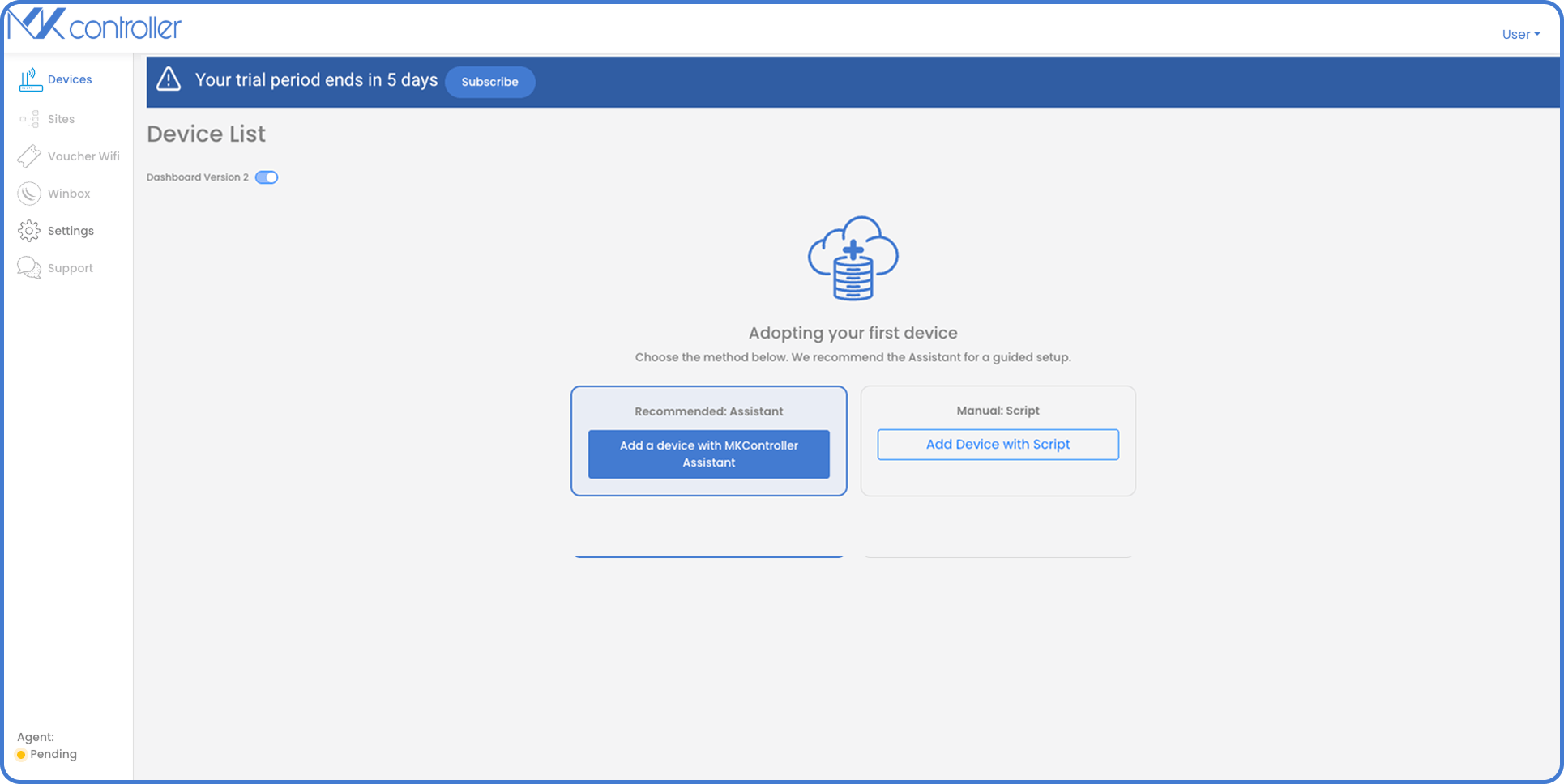 MKController device list page showing the first-device adoption options, including the button to add a device with the MKController Assistant and the manual script option